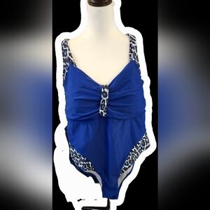 Blue One-Piece Swimsuit with Leopard Trim 2 For $15